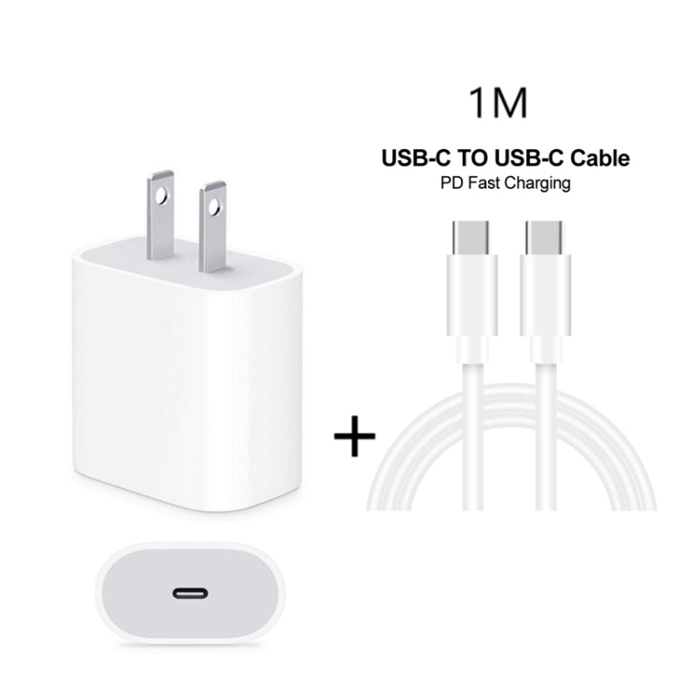 Cargador de viaje 2 en 1 PD de 20 W con un solo puerto USB-C/Tipo C + Juego de cables de datos de carga rápida PD 3.0 USB-C/Tipo C a USB-C/Tipo C de 3 A, longitud del cable: 1 m, enchufe estadounidense, 20 W, 1 m