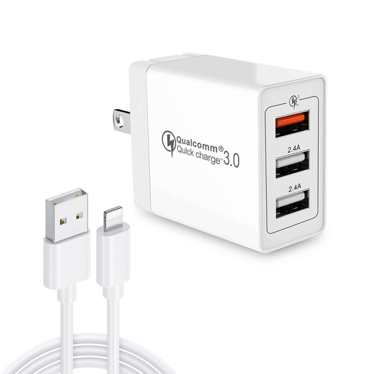 SDC-30W 2 in 1 USB to 8 Pin Data Cable + 30W QC 3.0 USB + 2.4A Dual USB 2.0 Ports Mobile Phone Tablet PC Universal Quick Charger Travel Charger Set, US Plug