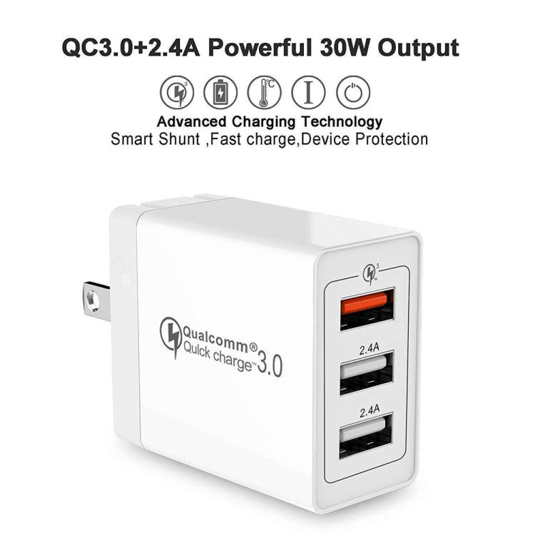 SDC-30W 2 in 1 USB to 8 Pin Data Cable + 30W QC 3.0 USB + 2.4A Dual USB 2.0 Ports Mobile Phone Tablet PC Universal Quick Charger Travel Charger Set, US Plug