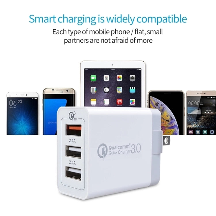 SDC-30W 2 in 1 USB to 8 Pin Data Cable + 30W QC 3.0 USB + 2.4A Dual USB 2.0 Ports Mobile Phone Tablet PC Universal Quick Charger Travel Charger Set, US Plug