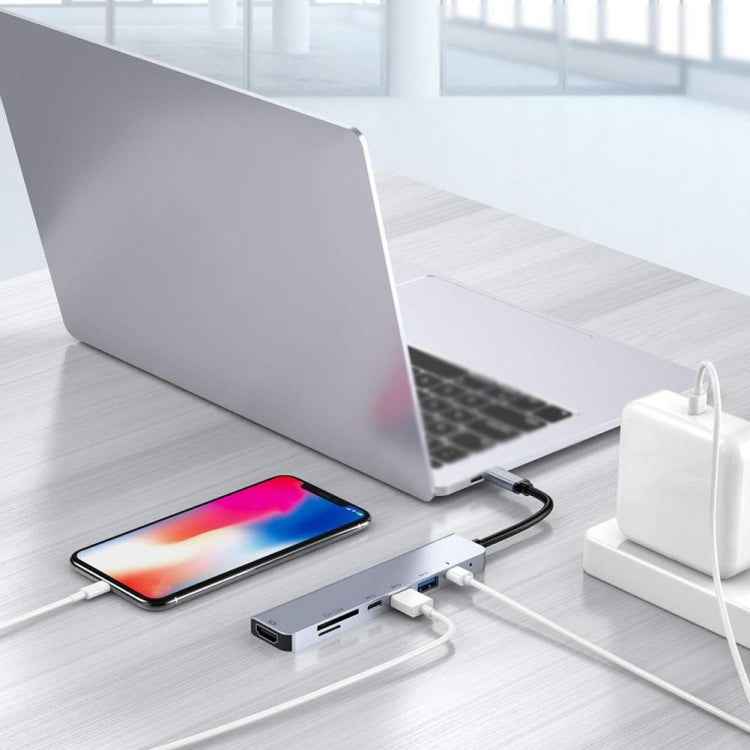 7 in 1 Type-C to HDMI + SD/TF + 2 x Type-C + 2 x USB3.0 Multi-function Splitter Adapter