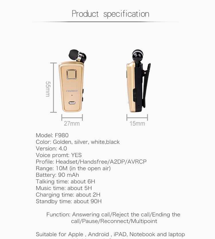 F980 CSR4.1 Retractable Cable Caller Vibration Reminder Anti-theft Bluetooth Headset