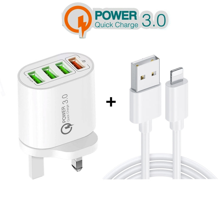 QC-04 QC3.0 + 3 x USB2.0 Multi-ports Charger with 3A USB to 8 Pin Data Cable, UK Plug, UK Plug + 8 Pin Cable