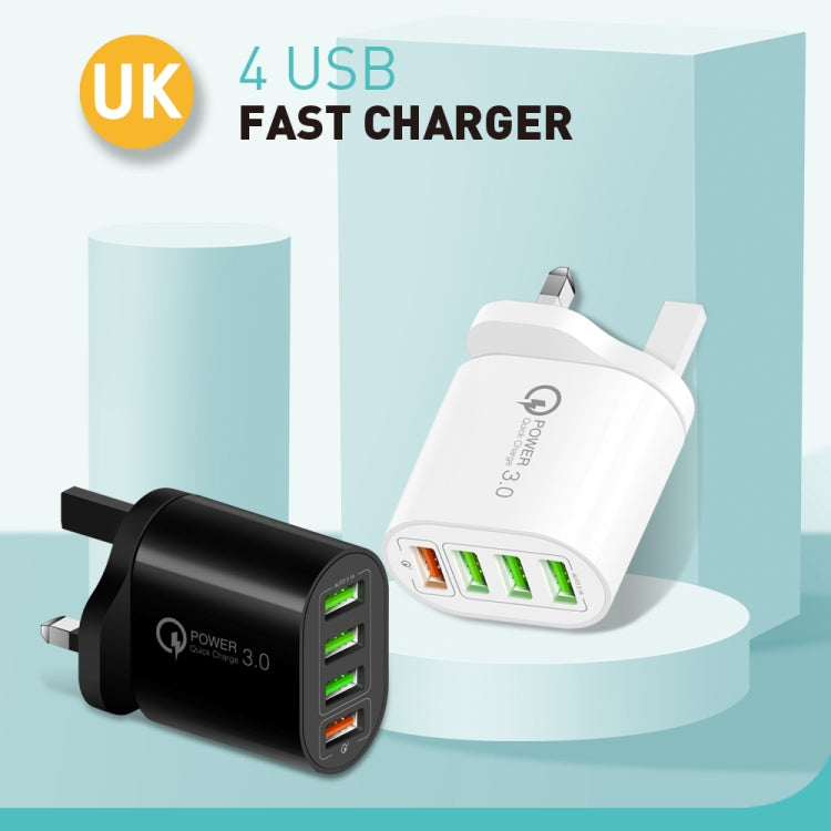 QC-04 QC3.0 + 3 x USB2.0 Multi-ports Charger with 3A USB to 8 Pin Data Cable, UK Plug, UK Plug + 8 Pin Cable