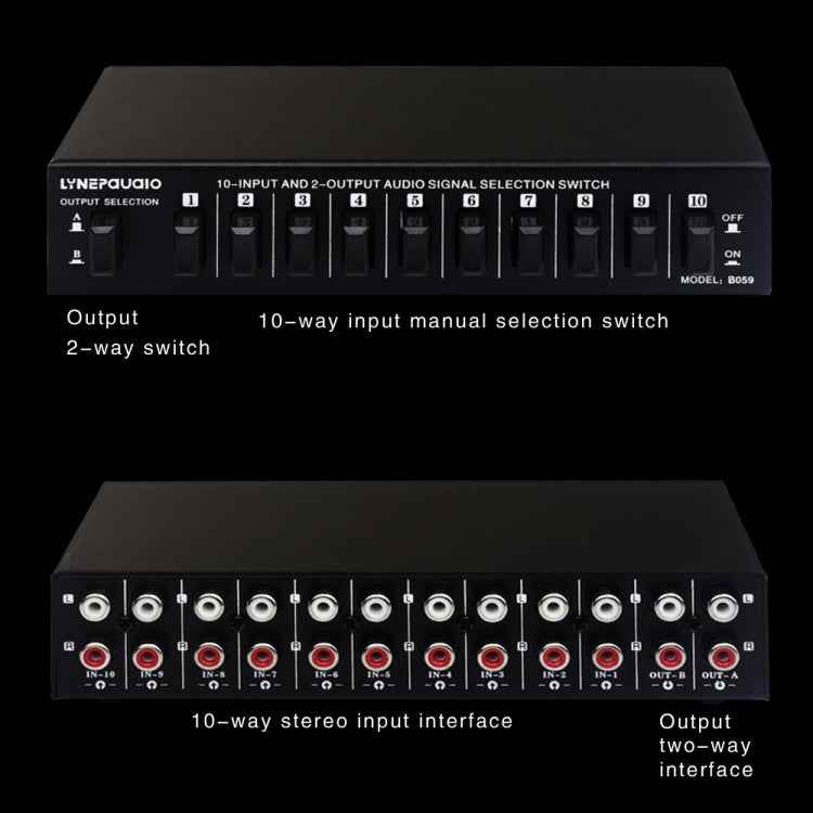 B059 10 In 2 Out / 2 In 10 Out 2-Way RCA Switch Audio Frequency Signal Select Shift Device Loudspeaker Box