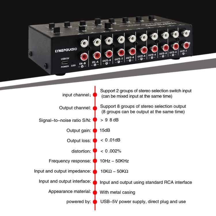 2 In 8 Out RCA Audio Frequency Signal Select Switch Distributor