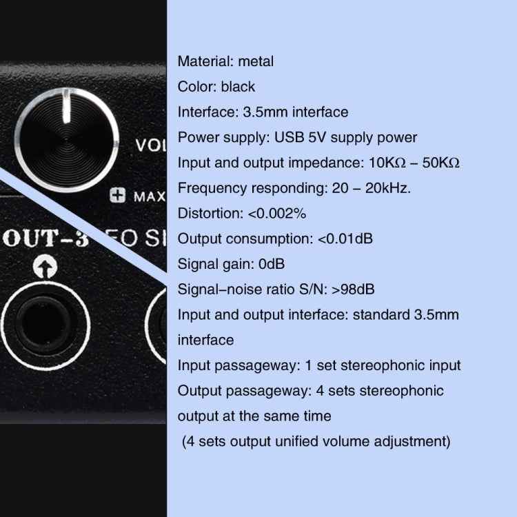 1 In 4 Out Audio Frequency Signal Splitter Distribute Device, Non Consumption, 3.5mm Interface Output