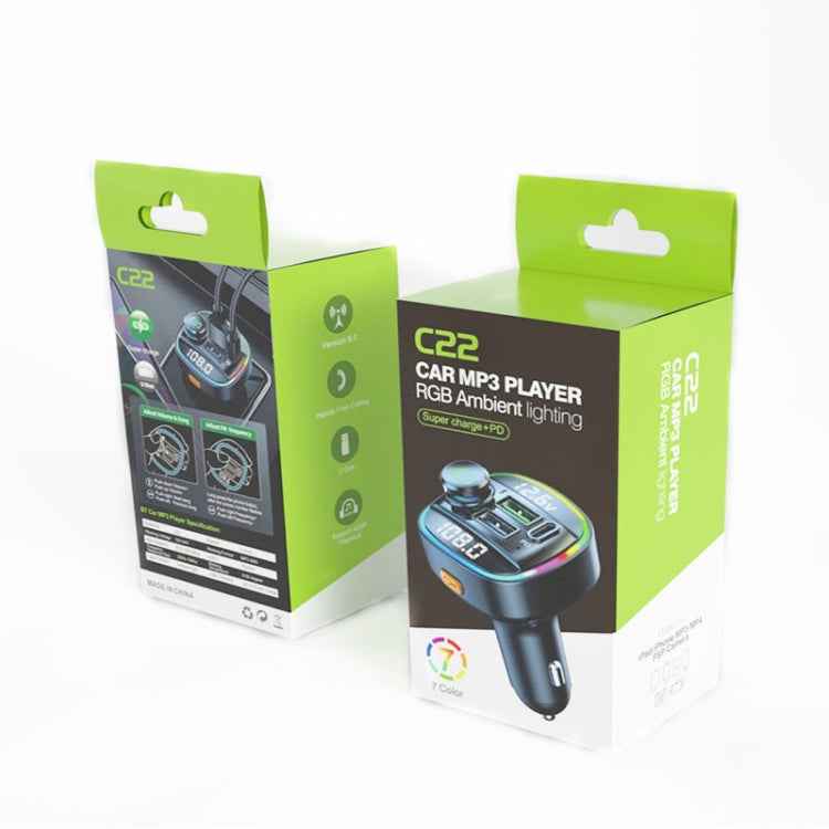 C22 Car Bluetooth 5.0 FM Transmitter LED Light Voltage Display QC 3.0 PD Charger