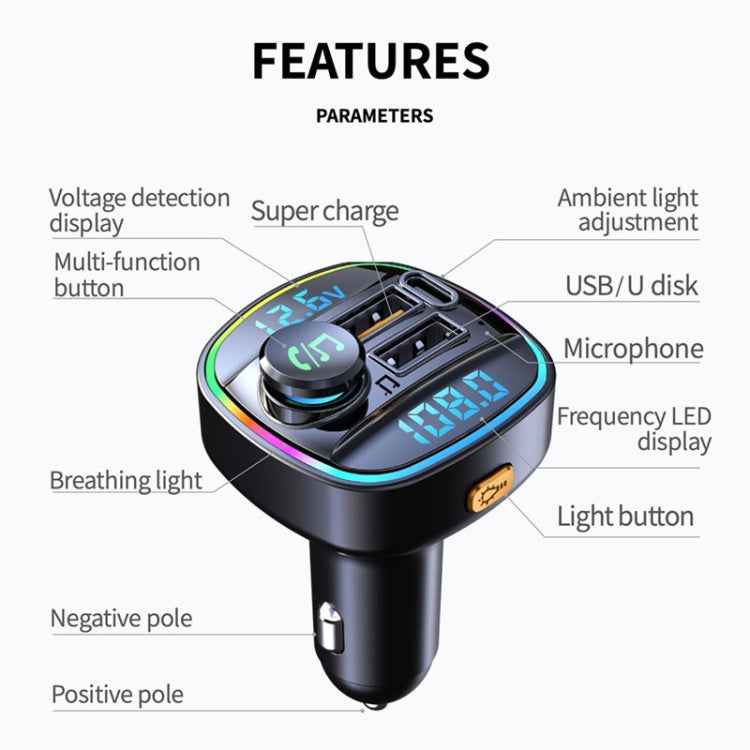 C22 Car Bluetooth 5.0 FM Transmitter LED Light Voltage Display QC 3.0 PD Charger