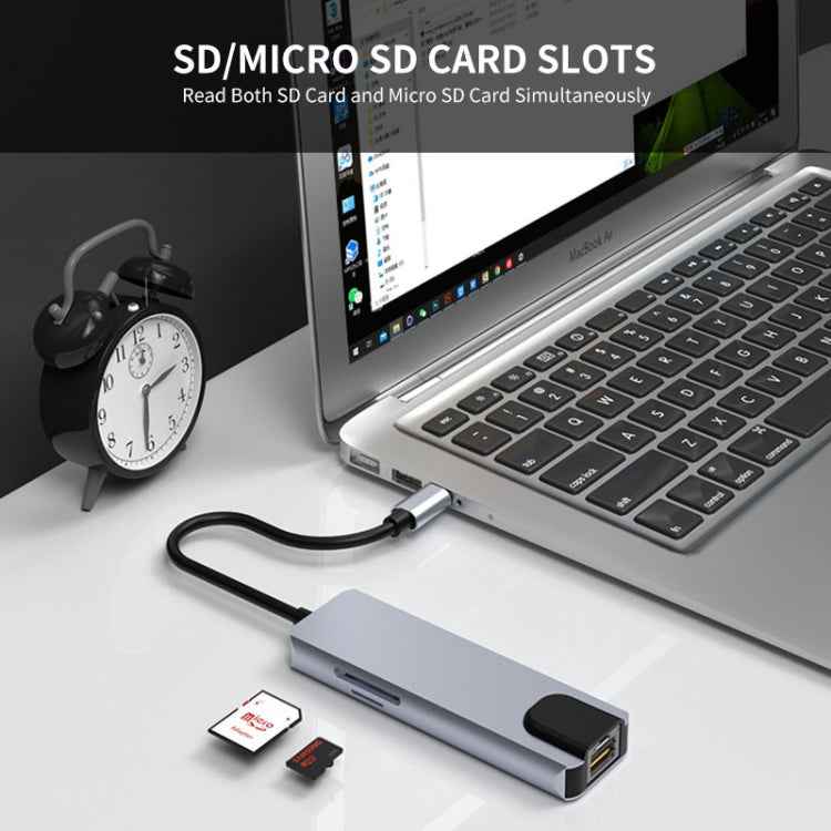 JUNSUNMAY 6 in 1 Type-C to 4K HDMI / Ethernet Docking Station Adapter PD Quick Charge Hub SD/TF Card Reader