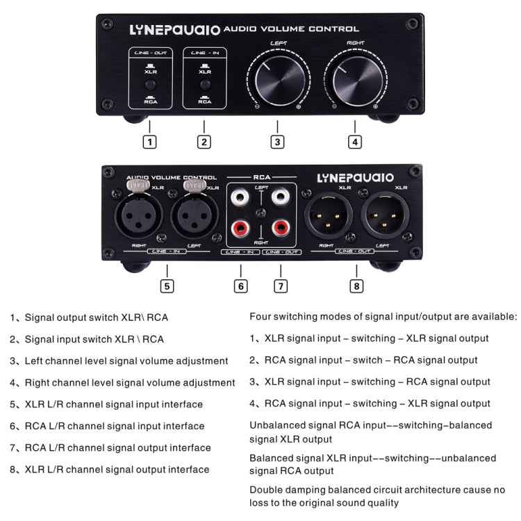 2 In and 2 Out Switcher Volume Controller, RCA signal switches to XLR balanced signal and no need for power supply. It provides RCA and XLR interfaces, independent L/R channel volume adjustment, which is suitable for devices with volume adjustment need