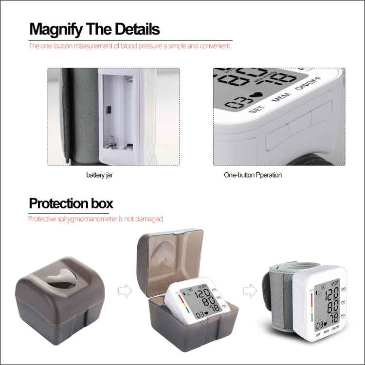 RZ204 Automatic Digital Wrist Cuff Blood Pressure Monitor Heart Beat Light weight LCD Digital Wrist Watch With Voice