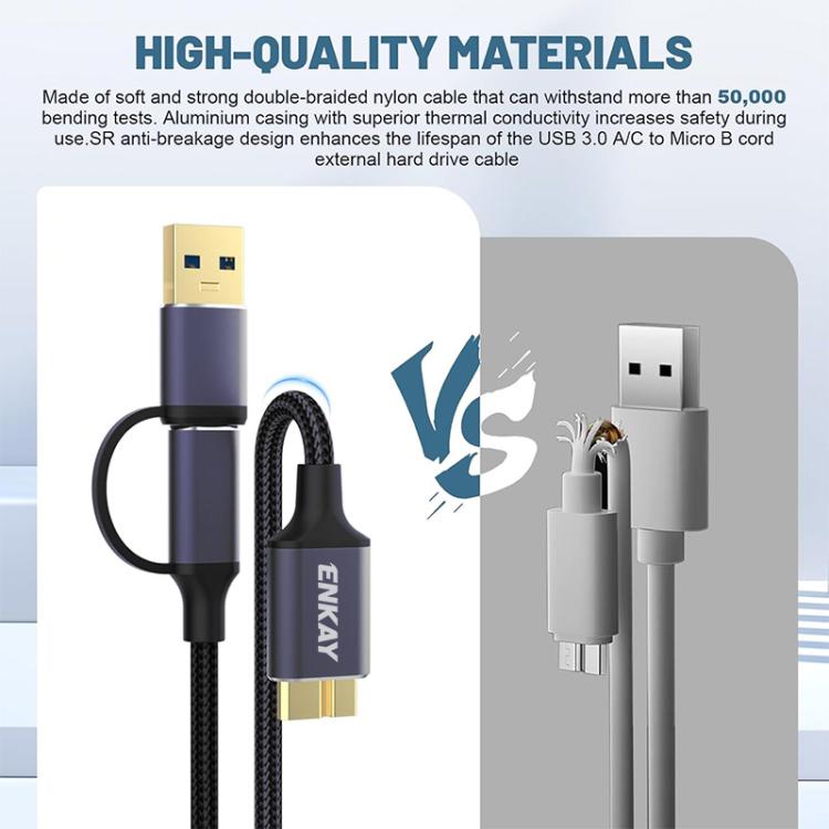 ENKAY 2 in 1 USB 3.0 / Type-C to USB 3.0 Micro-B 5Gbps Data Camera Hard Drive Cable, 0.5m, 1m, 1.5m, 0.25m