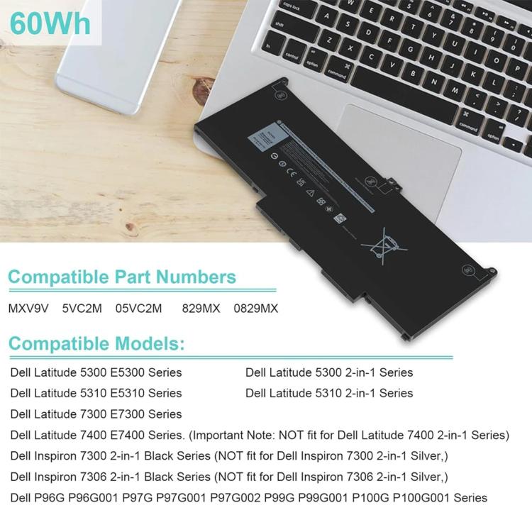 7600mAh Laptop Battery For Dell Latitude 5300 5310 7300 7400, MXV9V