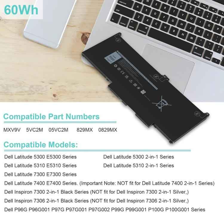 7600mAh Laptop Battery For Dell Latitude 5300 5310 7300 7400, MXV9V