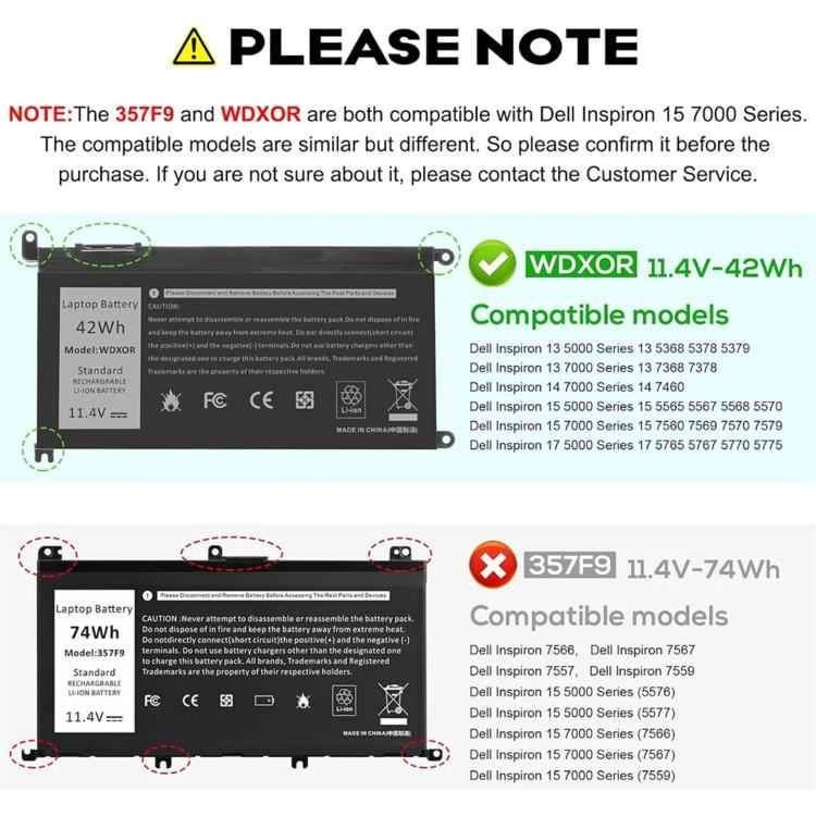 3600mAh Laptop Battery Replacement For Dell Inspiron 14 7460 15 7560, WDX0R
