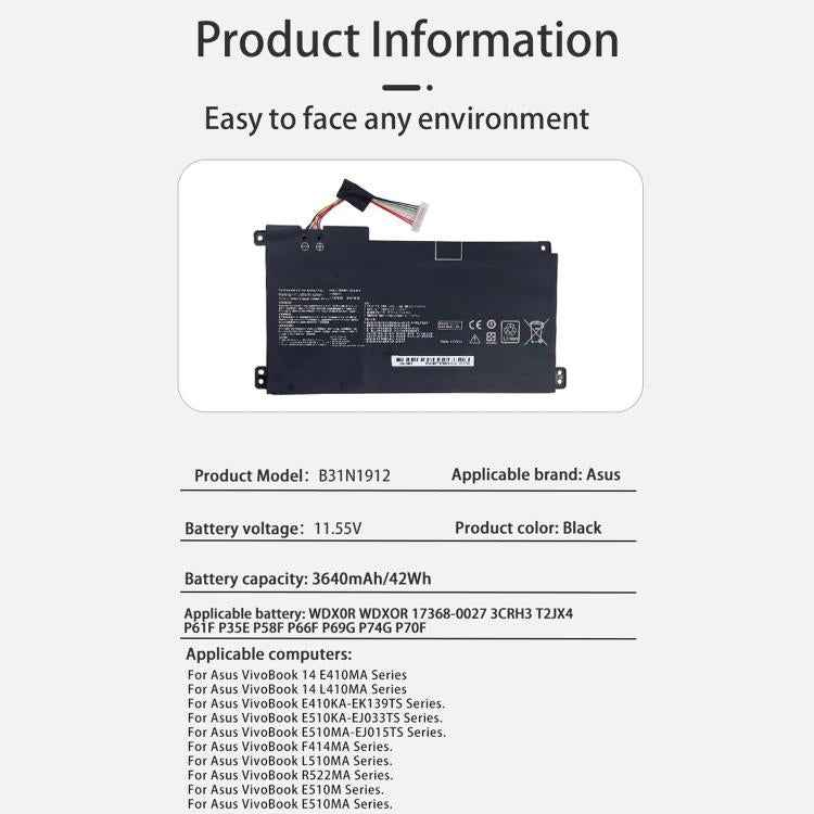 3600mAh Laptop Battery Replacement For ASUS E410M E410MA E510M, B31N1912