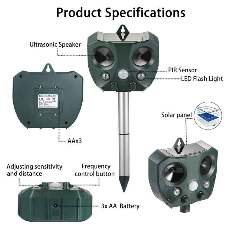 Outdoor Ultrasonic Solar  Animal Repeller  Pest Mouse Repeller  Sensor Garden Bird Cat Dog Fox Repellent Keep Animals Away