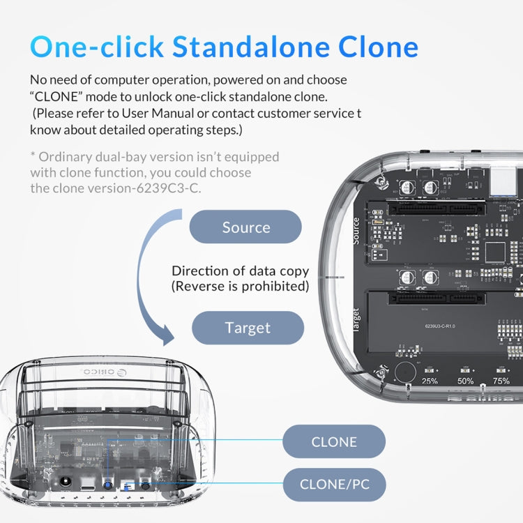 ORICO 6239C3 2.5/3.5inch 2 Bay Transparent Type-C Hard Drive Dock