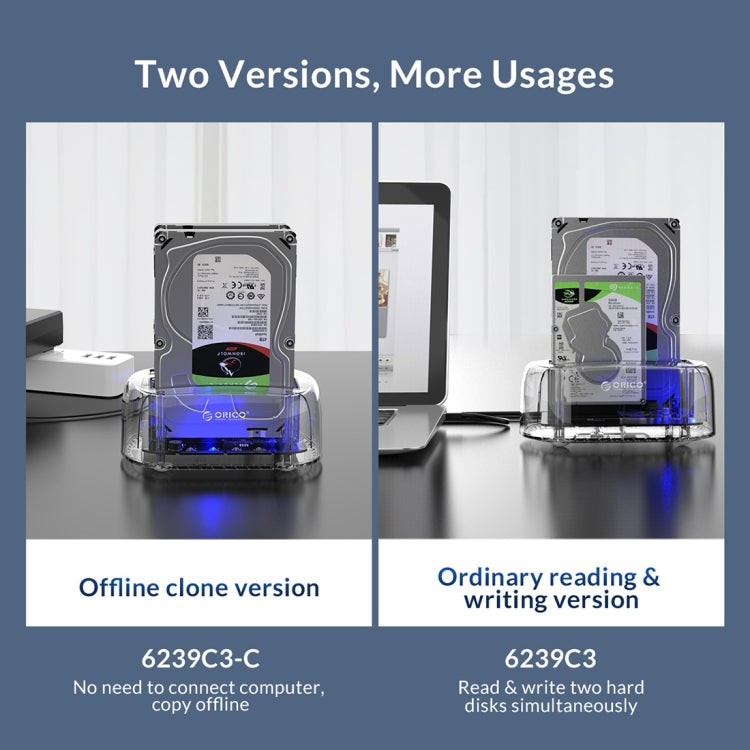 ORICO 6239C3 2.5/3.5inch 2 Bay Transparent Type-C Hard Drive Dock