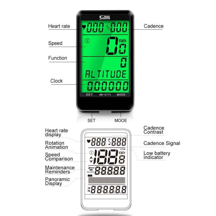 SUNDING SD-577C Cycling Computer LCD Backlight Waterproof Wireless Stopwatch MTB Bike Odometer Stopwatch Bicycle Speedometer