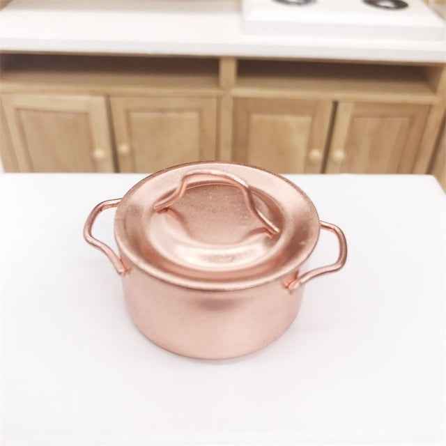 3 PCS Doll House Miniature Kitchen Copper Pot with Lid Children Educational Toys, Copper Pot