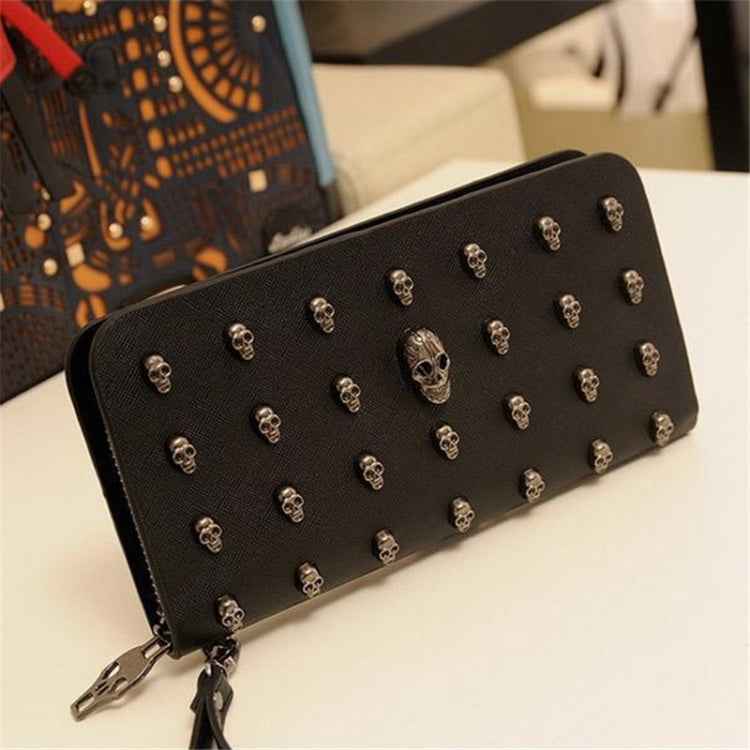 Women Metal Skull Wallet Card Leather Wristlet Handbags