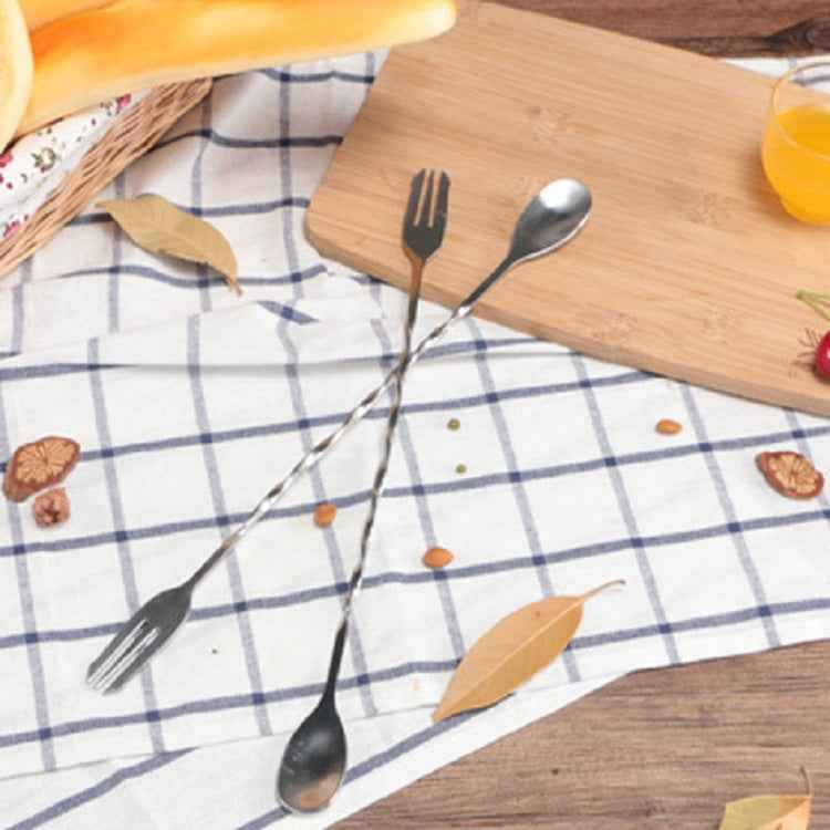 2 PCS Stainless Steel Long Handle Fork Spoon Cocktail Ice Stirrer Double Head Wine Mixing Stick