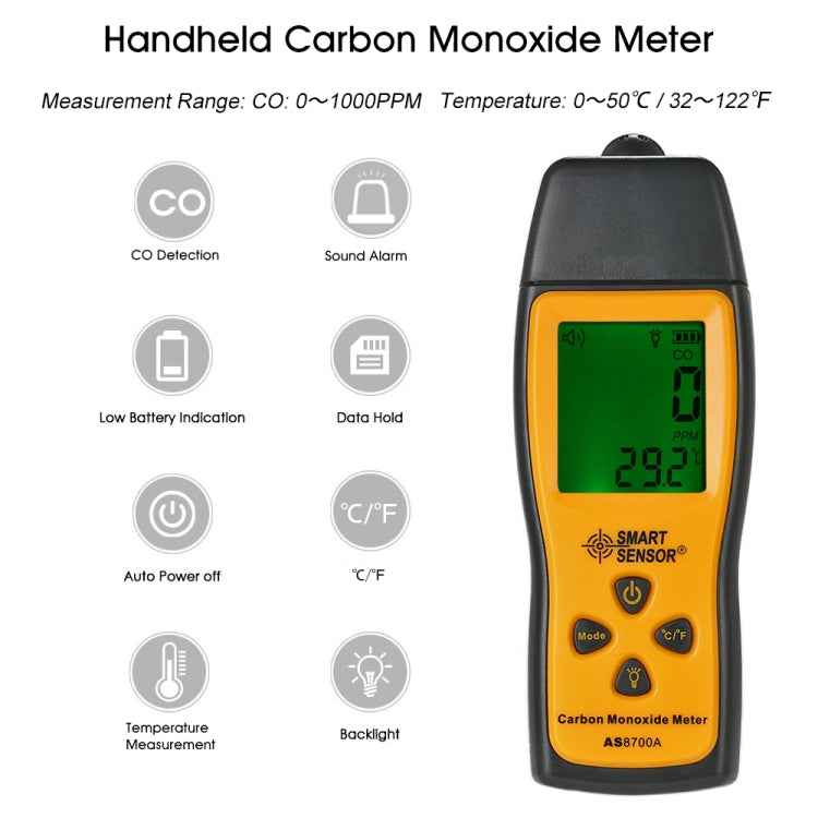 Smart Sensor AS8700A Handheld Carbon Monoxide Meter High Precision Digital CO Leak Detector Analyzer, Sound Light Alarm, Range: 0-1000ppm