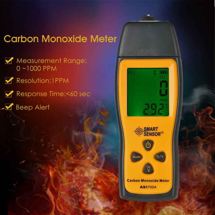 Smart Sensor AS8700A Handheld Carbon Monoxide Meter High Precision Digital CO Leak Detector Analyzer, Sound Light Alarm, Range: 0-1000ppm