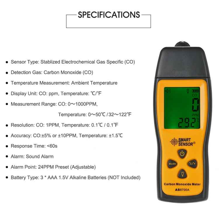 Smart Sensor AS8700A Handheld Carbon Monoxide Meter High Precision Digital CO Leak Detector Analyzer, Sound Light Alarm, Range: 0-1000ppm