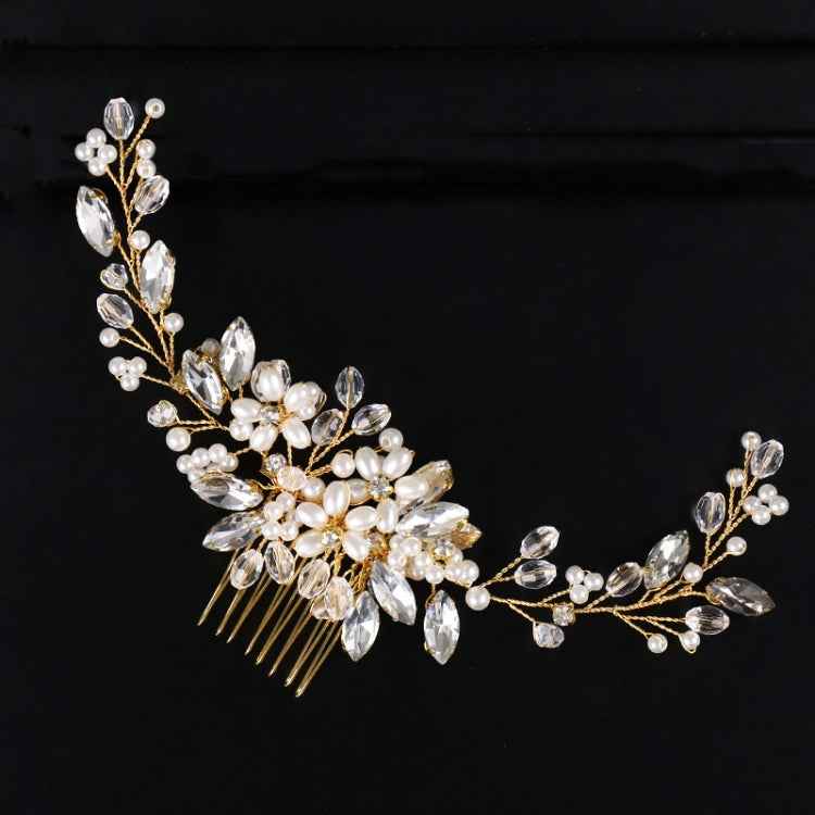 Golden Pearl Headband Tiaras Crystal Rhinestone Bridal Hair Combs Headpiece
