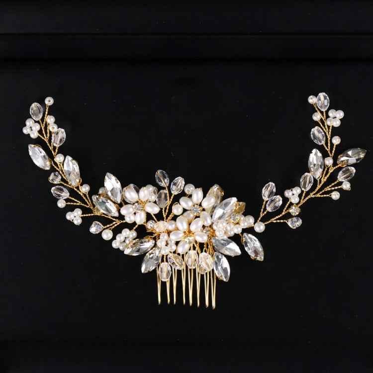 Golden Pearl Headband Tiaras Crystal Rhinestone Bridal Hair Combs Headpiece
