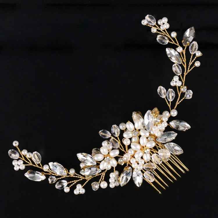 Golden Pearl Headband Tiaras Crystal Rhinestone Bridal Hair Combs Headpiece