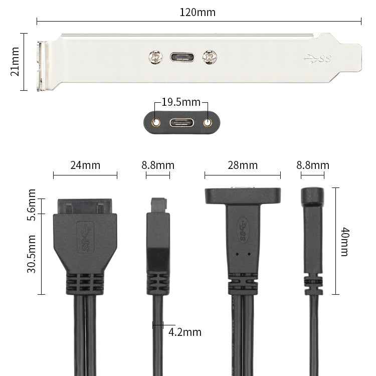 50CM USB3.0 20P To USB Type-C Mother Chassis PCI Bit Baffle Wire