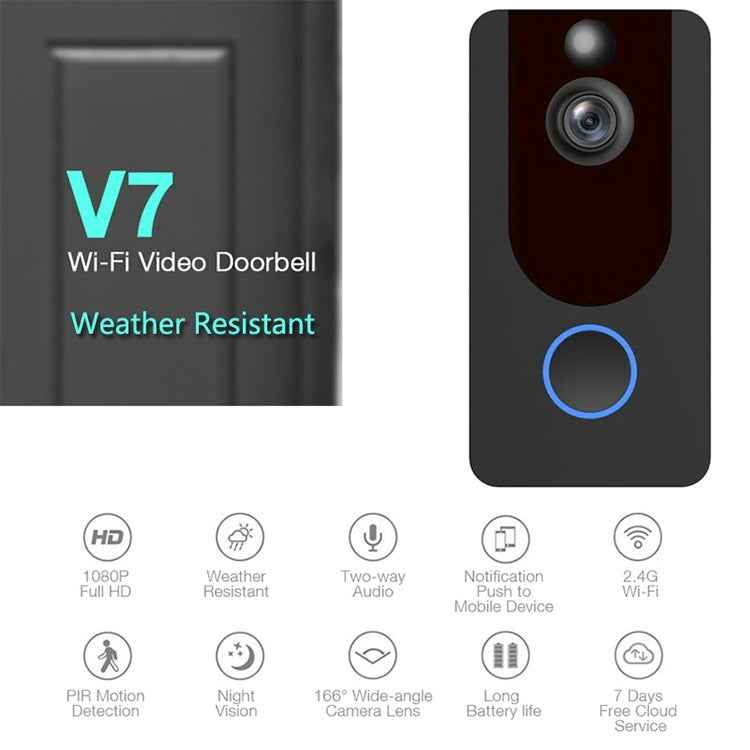 V7 1080P Full HD Weather Resistant WiFi Security Home Monitor Intercom Smart Phone Video Doorbell, Support Two-way Audio, PIR Motion Detection, Night Vision
