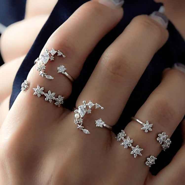 5 PCS/Set Vintage Women Star Moon Adjustable Ring Set