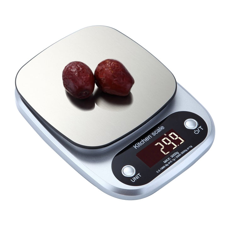 Báscula electrónica LCD de acero inoxidable para cocina BOH-C305. Especificaciones: 3 kg/0,1 g.