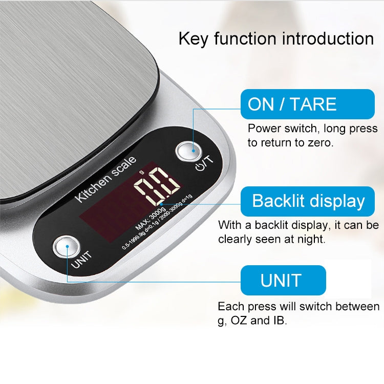 Báscula electrónica LCD de acero inoxidable para cocina BOH-C305. Especificaciones: 3 kg/0,1 g.