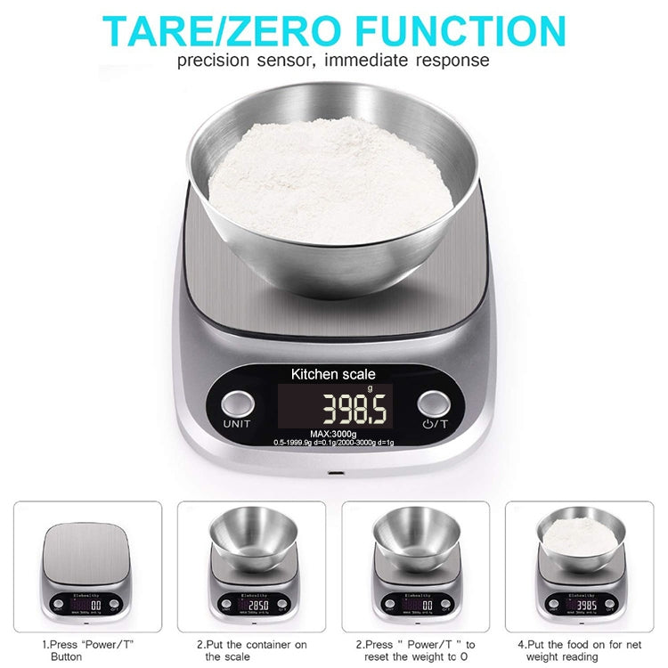 Báscula electrónica LCD de acero inoxidable para cocina BOH-C305. Especificaciones: 3 kg/0,1 g.