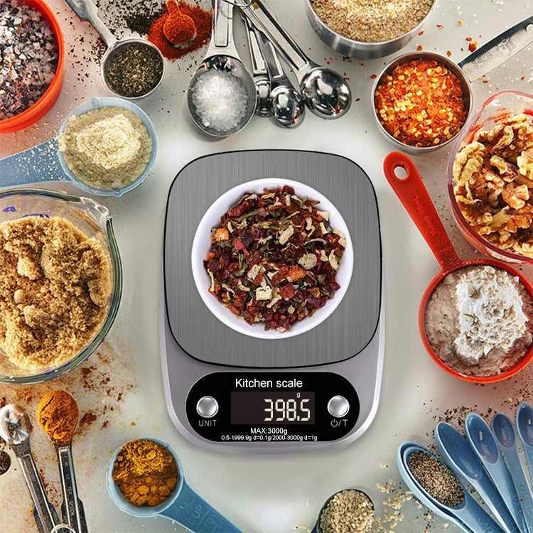 Báscula electrónica LCD de acero inoxidable para cocina BOH-C305. Especificaciones: 3 kg/0,1 g.