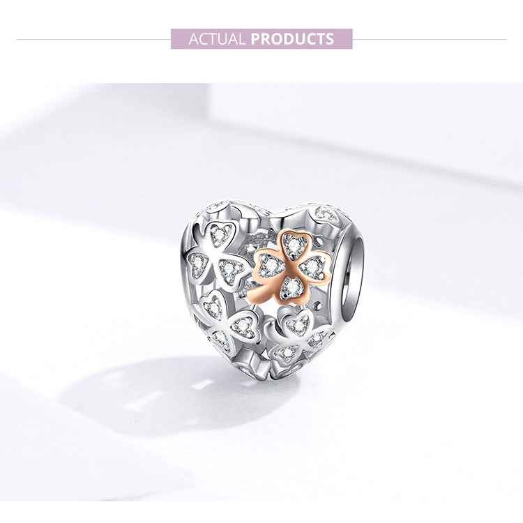 925 Sterling Silver Heart-shaped Beaded Hollow Four-leaf Clover DIY Bracelet Accessories, SCC1248