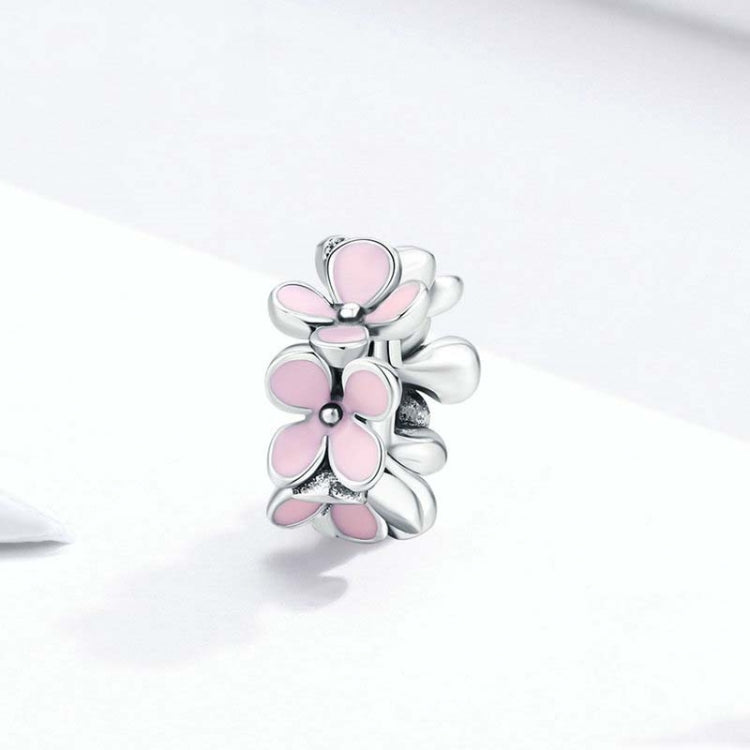 925 Sterling Silver Pink Enamel Flower Charm Women Bracelet DIY Jewelry Beads, SCC1484