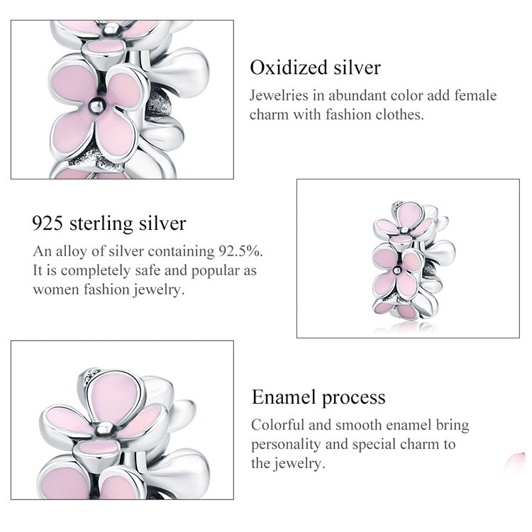 925 Sterling Silver Pink Enamel Flower Charm Women Bracelet DIY Jewelry Beads, SCC1484