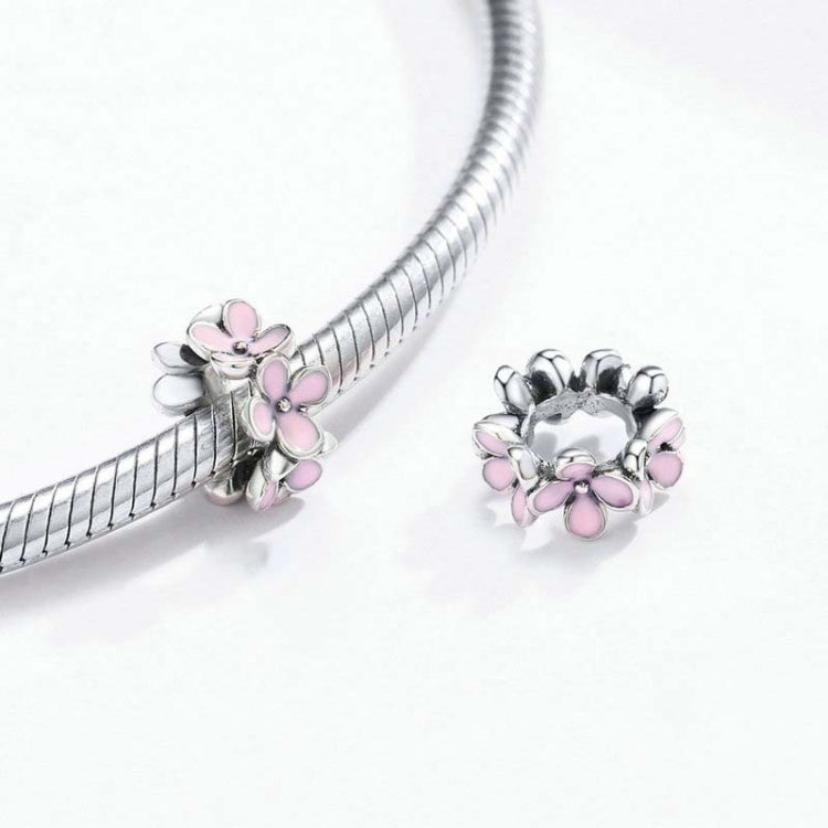 925 Sterling Silver Pink Enamel Flower Charm Women Bracelet DIY Jewelry Beads, SCC1484