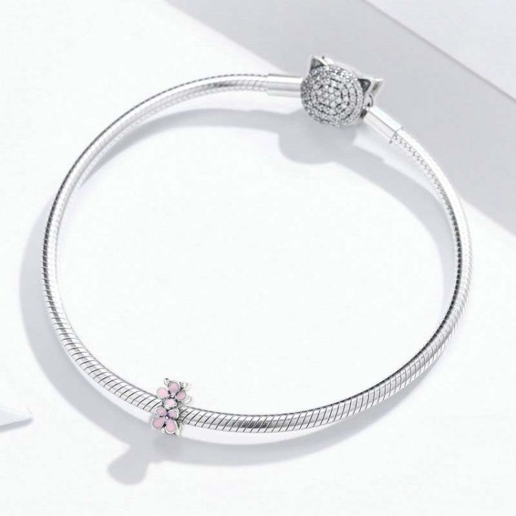 925 Sterling Silver Pink Enamel Flower Charm Women Bracelet DIY Jewelry Beads, SCC1484
