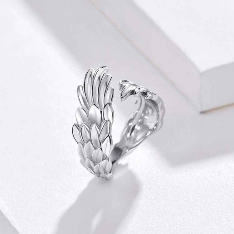 Sterling Silver S925 Open Ring Feather Wings Adjustable Ring