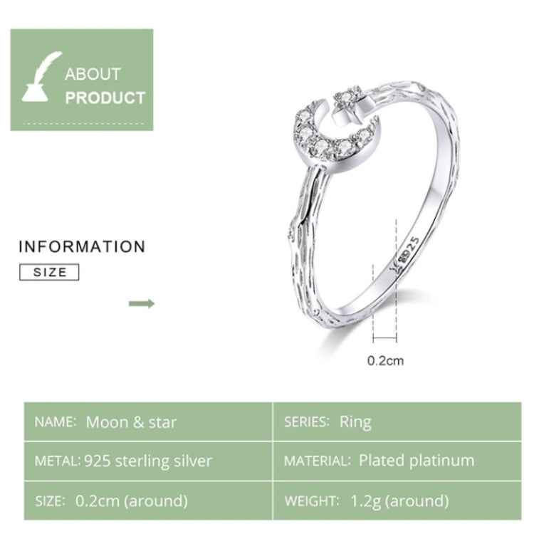Fashion Retro Open Ring Sterling Silver S925 Star and Moon Platinum Plated Zircon Ring