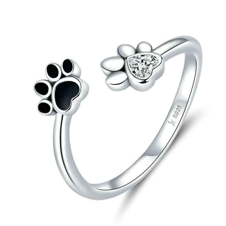 S925 Sterling Silver Cute Pet Paw Print Open Ring Black Dripping Ring