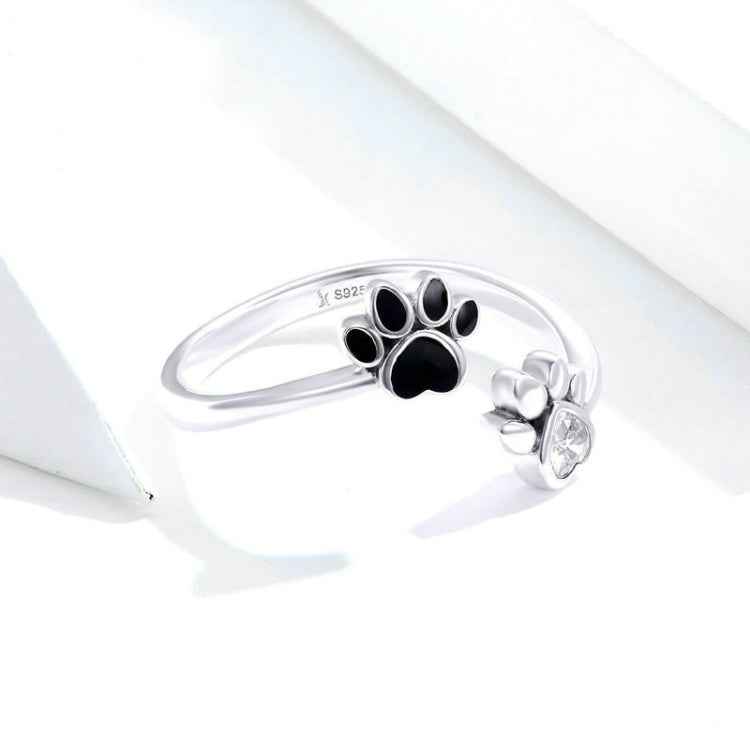 S925 Sterling Silver Cute Pet Paw Print Open Ring Black Dripping Ring